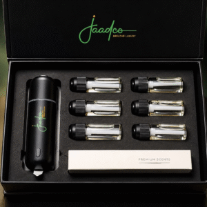Jaadco Regular Car Diffuser gift box with six 30 ml essential oil bottles