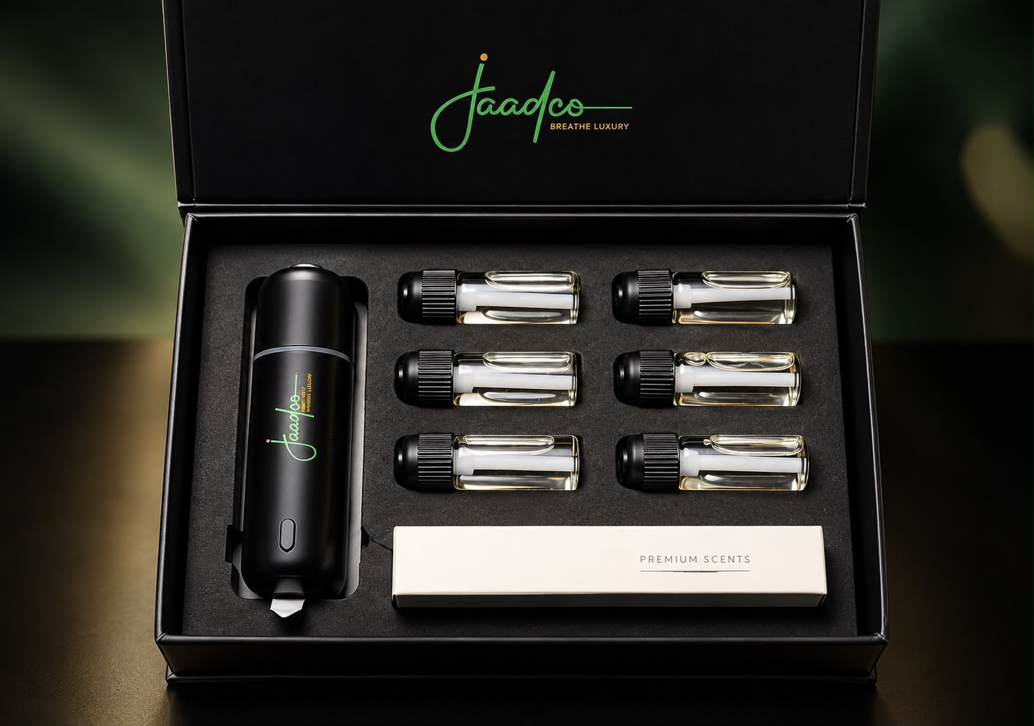 Jaadco Regular Car Diffuser gift box with six 30 ml essential oil bottles